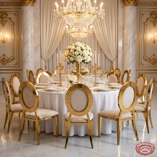 Gold round disc-back chairs at grand wedding banquet hall round dinner table chandeliers