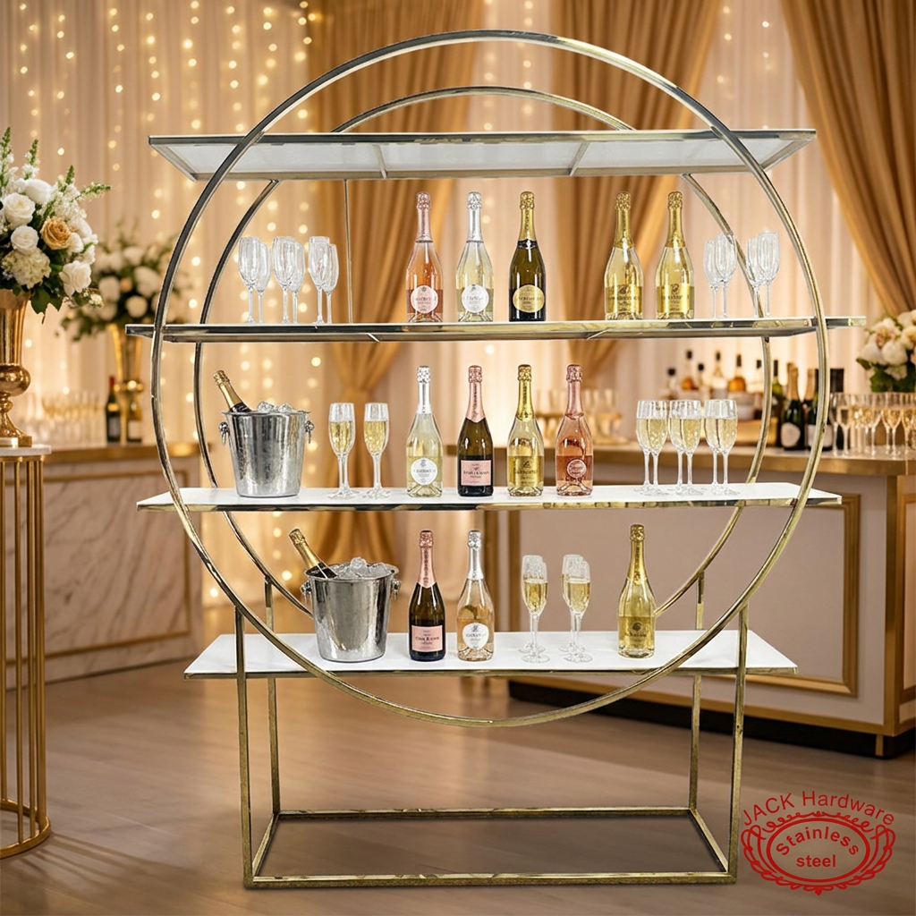 Gold ring white shelf display at elegant champagne wedding bar bottles flutes warm ambiance