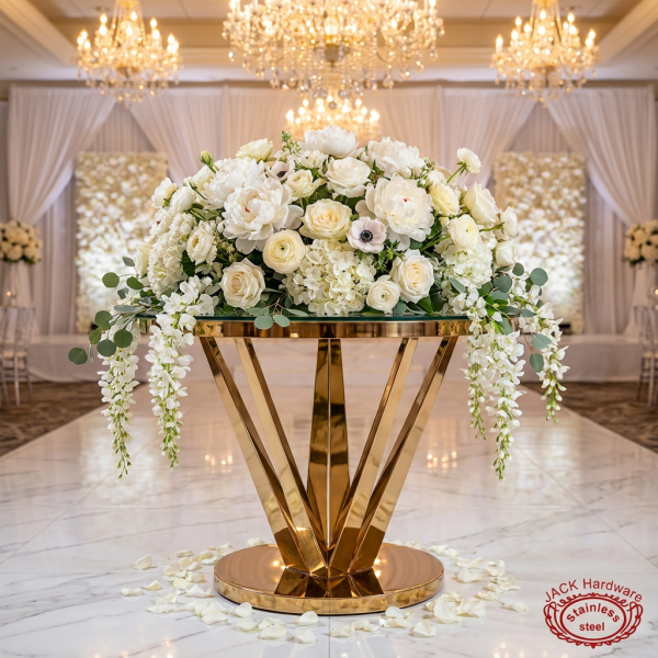 Gold inverted crown V-blade pedestal with white peonies roses dome V-legs visible chandeliers