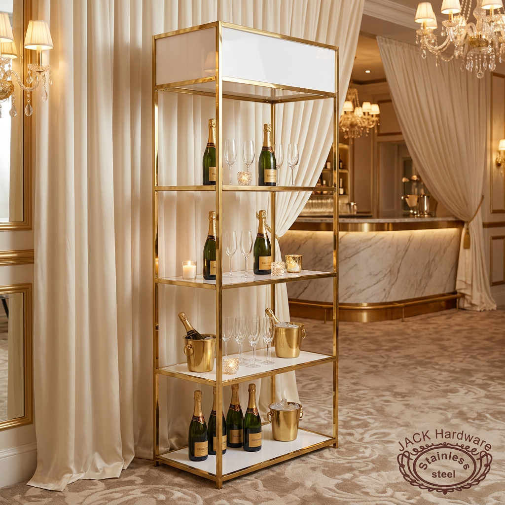 Gold frame white shelf at upscale hotel champagne bar ivory gold decor candlelit luxury