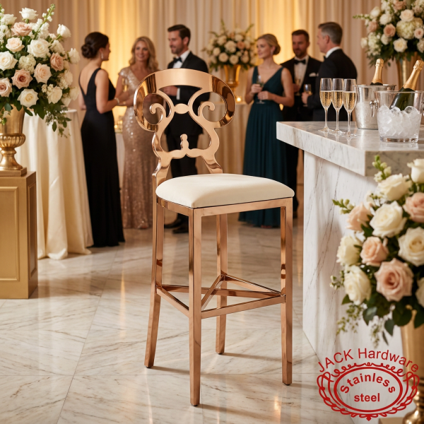 Rose gold baroque bar stool at upscale hotel champagne reception guests floral background