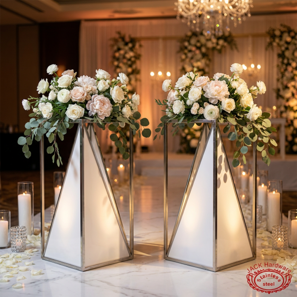 Silver trapezoid stands at hotel wedding reception white triangular panel detail visible 45 degree