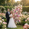 Gold rhombus mesh panel as wedding garden floral photo wall pink white flowers couple