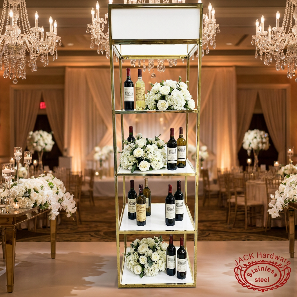 Gold frame white 5-tier rack at grand wedding ballroom crystal chandeliers wine florals