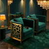 Emerald green velvet barrel chairs hotel suite 45 degree gold honeycomb panel jewel green velvet