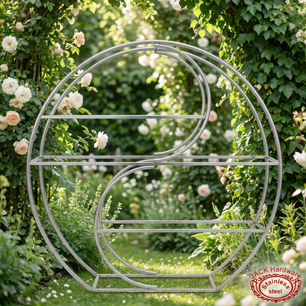 Double nested circle wedding rack at romantic garden wedding lush greenery natural light