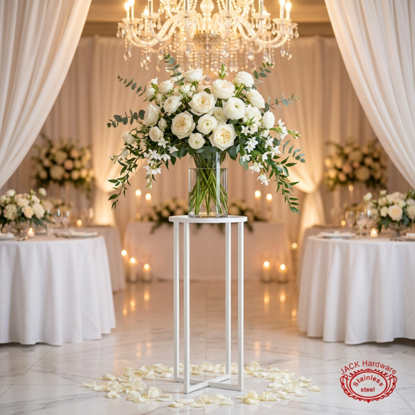 White single-ring stand with cylindrical vase white roses greenery wedding reception chandeliers