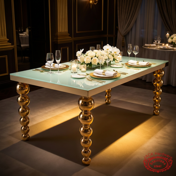 Gold stacked ball leg mint glass table at hotel wedding reception legs visible 45 degree warm spotlights