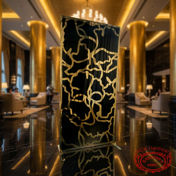 Black gold peony screen backdrop at grand luxury hotel lobby banquet hall entrance marble golden columns
