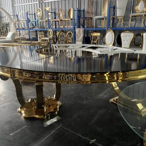 WENDING gold carved acanthus skirt round banquet table black mirror top royal wedding table