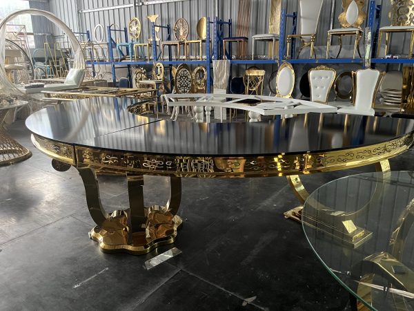 WENDING gold carved acanthus skirt round banquet table black mirror top royal wedding table