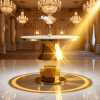 White marble round table side view grand ballroom geometric column faceted gold spotlights marble floor