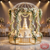 White gold pavilion dessert station at hotel wedding reception cake florals gold columns arched frame