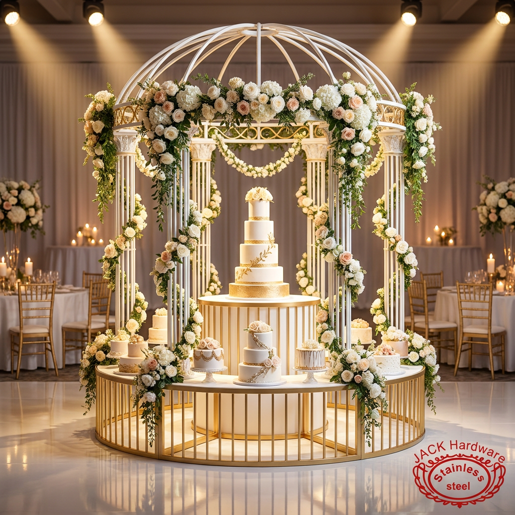 White gold pavilion dessert station at hotel wedding reception cake florals gold columns arched frame