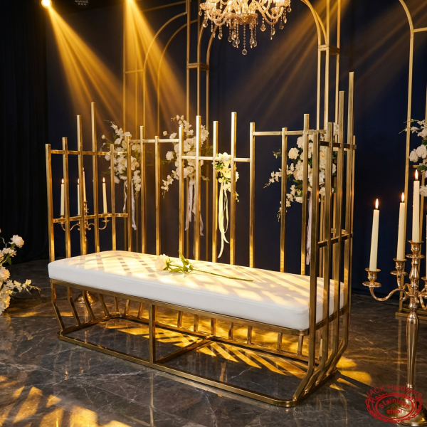 Gold tube fence bench hotel wedding stage 45 degree sculptural bars varying height golden glow