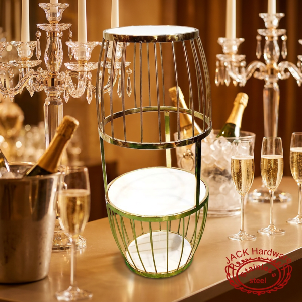 Gold birdcage gourd display at champagne wedding bar crystal sparkling decor glamorous