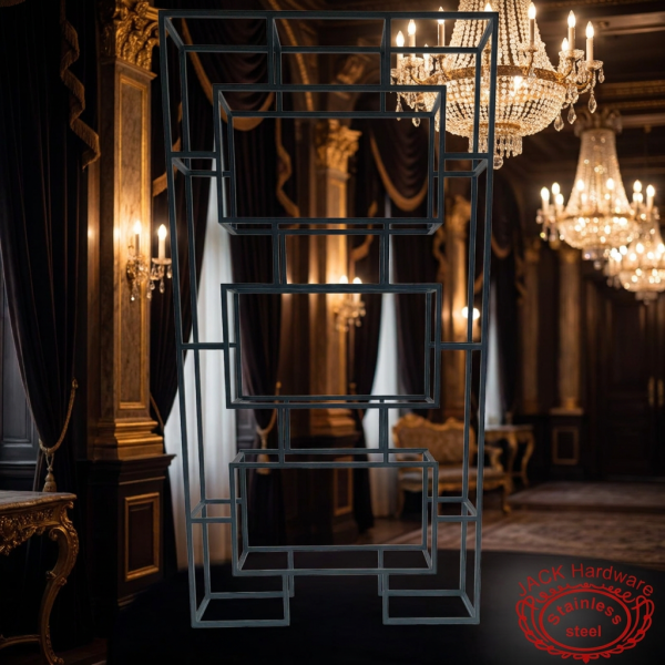 Black square tiered stand at upscale hotel ballroom dark moody luxury contrast