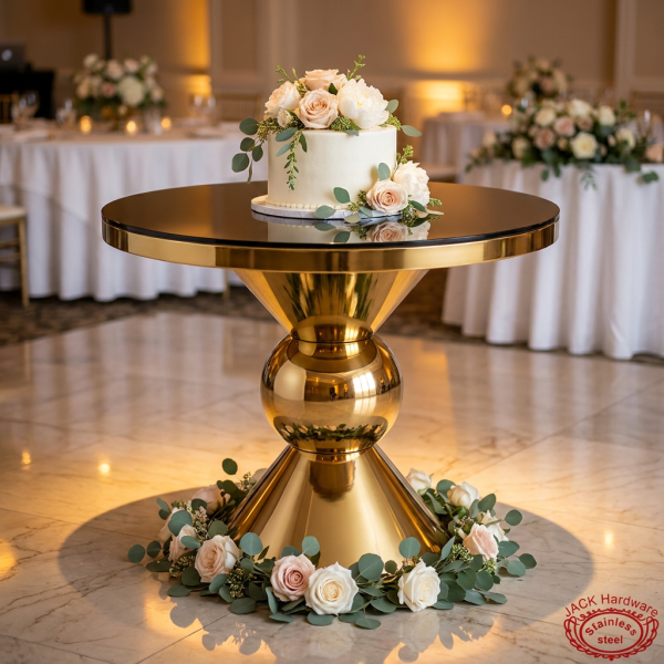 Gold hourglass column ball-node cake stand as centerpiece hotel wedding 45 degree warm spotlights