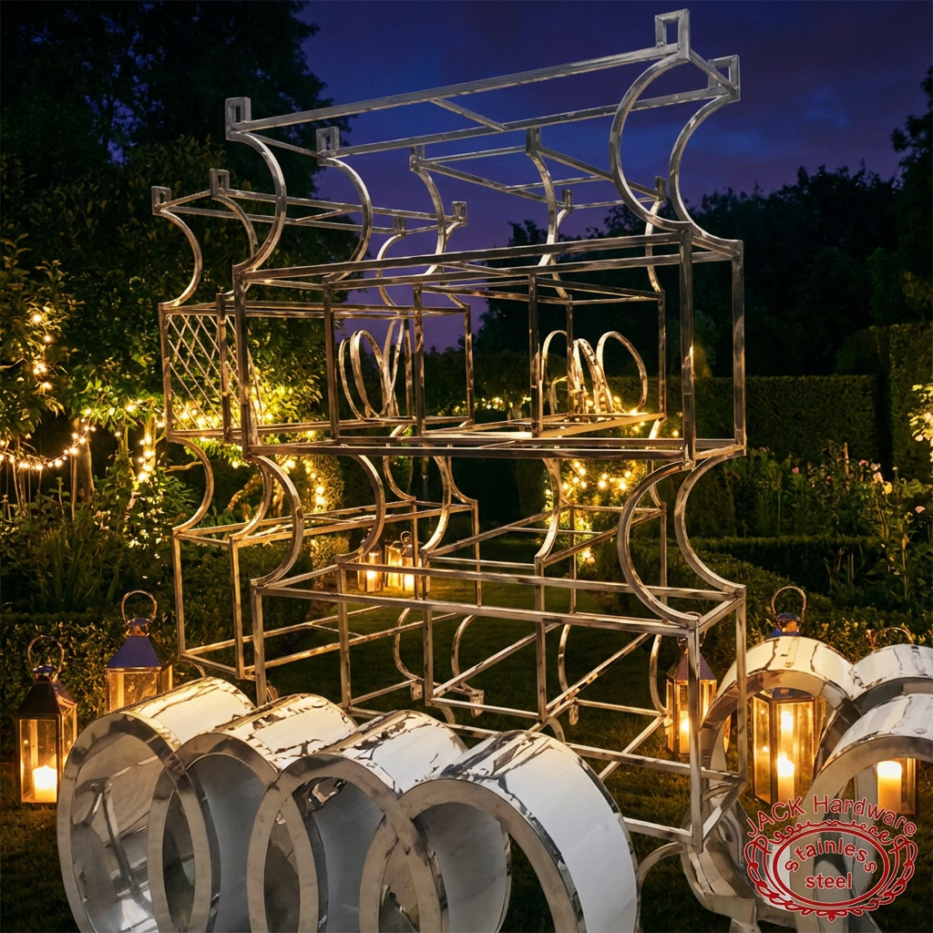 Silver circle ring wedding arch at outdoor garden night string lights greenery magical