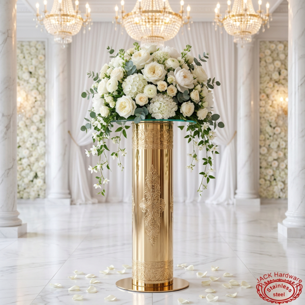 Champagne gold round flower pedestal with white floral dome wedding chandeliers romantic