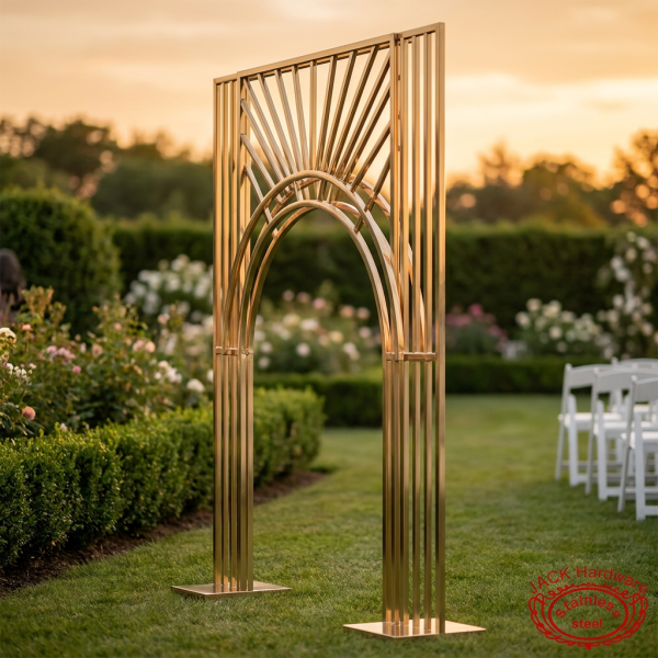 Gold Art Deco arch at outdoor garden wedding golden hour greenery hedge backdrop lush