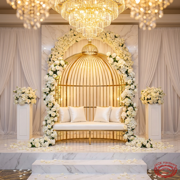 Gold birdcage loveseat at grand wedding venue bride groom sweetheart seat white florals chandeliers