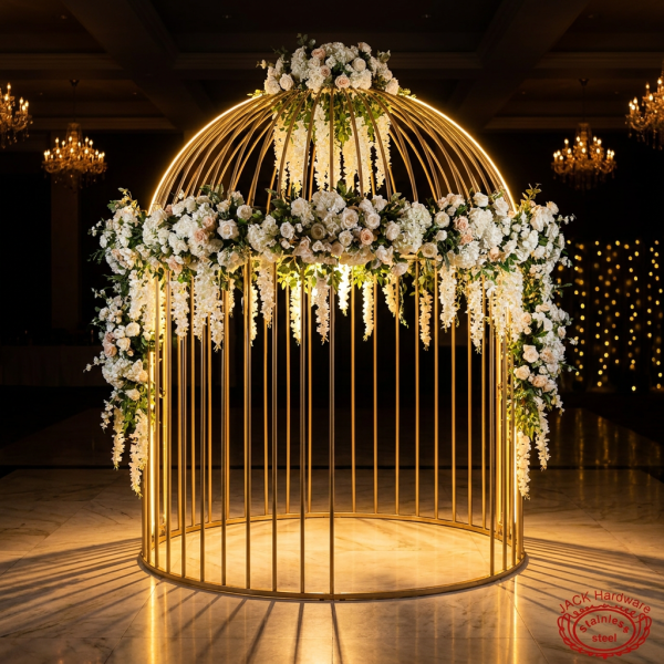 Gold birdcage dome pavilion side view wedding venue warm uplighting full silhouette marble