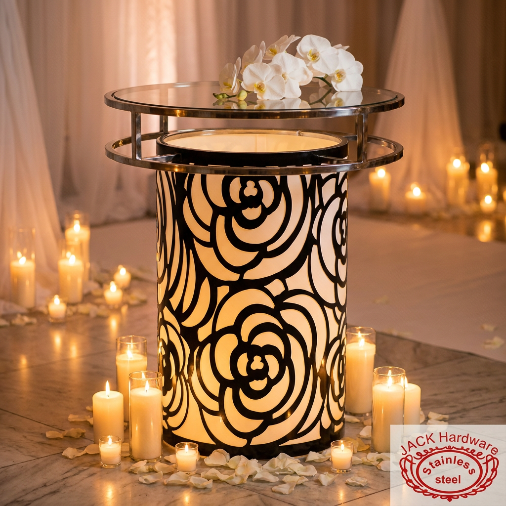 White black rose pattern cylinder side view wedding venue candlelight 3D shadow bokeh
