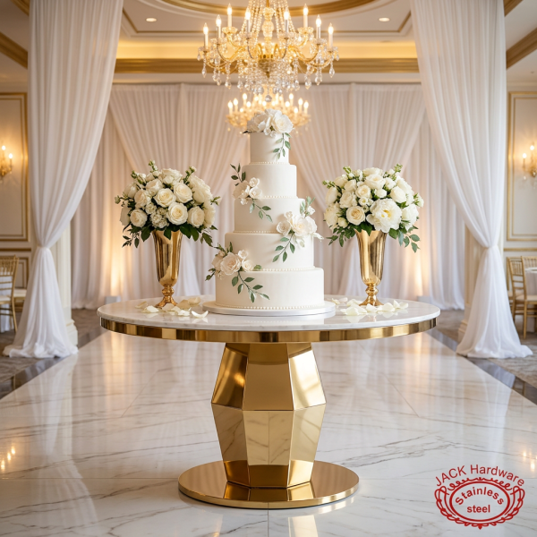 White marble round cake table with tiered wedding cake roses chandeliers gold column pedestal