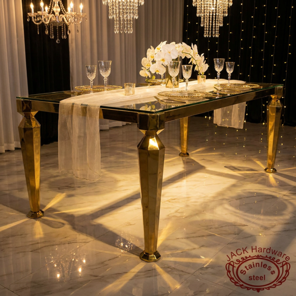 Gold geometric node leg table at hotel wedding reception angled legs nodes visible 45 degree