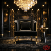 Black gold honeycomb barrel chair at luxury hotel lobby VIP lounge chandeliers dark marble