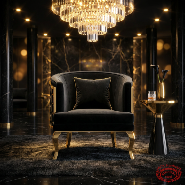 Black gold honeycomb barrel chair at luxury hotel lobby VIP lounge chandeliers dark marble