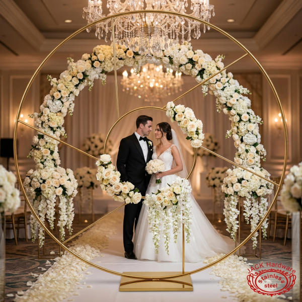 Gold compass circle arch at luxury wedding ceremony bride groom floral garlands crystal chandeliers