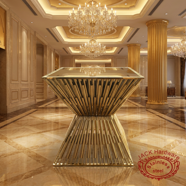 Gold radial tube square bar table at grand luxury hotel lobby marble gold columns chandelier