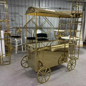 Gold stainless steel wedding candy cart - luxury dessert display trolley carriage design by Wending Furniture