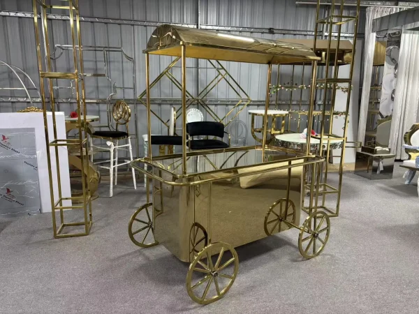 Gold stainless steel wedding candy cart - luxury dessert display trolley carriage design by Wending Furniture