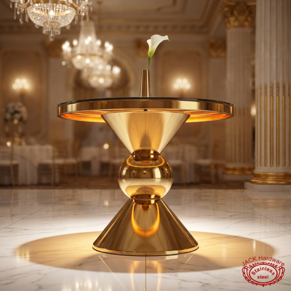Gold hourglass trumpet base cake table side view grand ballroom uplighting hourglass shadow marble