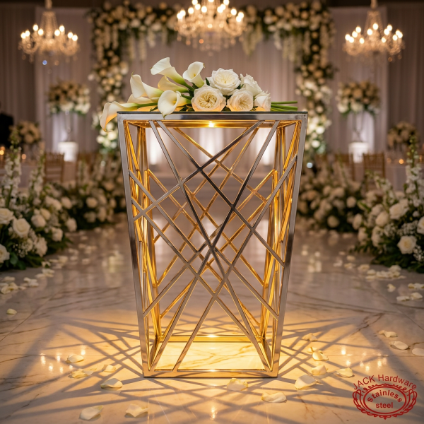 Silver crosshatch mesh square stand side view wedding venue uplighting lace shadow marble floor