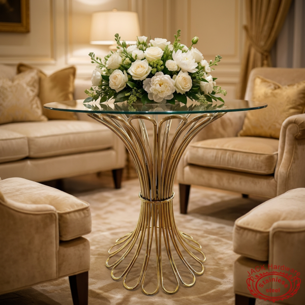 Champagne gold arc rod stand at upscale hotel suite lounge white roses peonies floral top