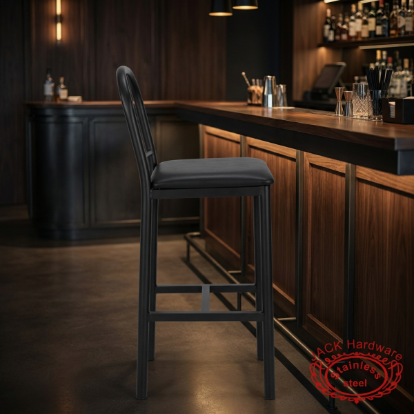 Black industrial bar stool at upscale hotel restaurant bar dark walnut interior