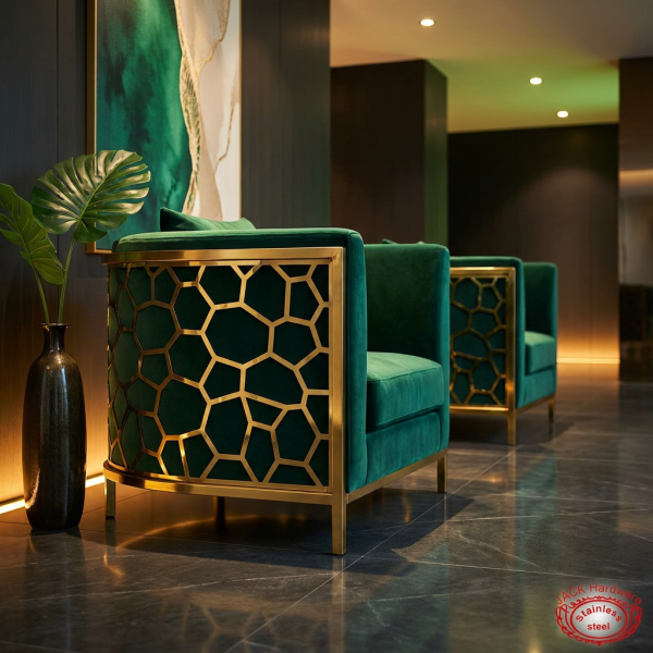 Dark green barrel chair side view modern luxury hotel warm green gold silhouette marble