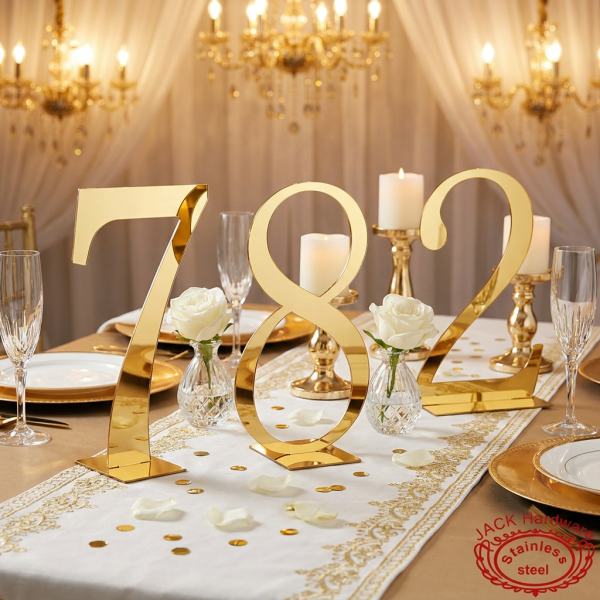 Gold script number standees at wedding reception table warm spotlights decorative accents 45 degree