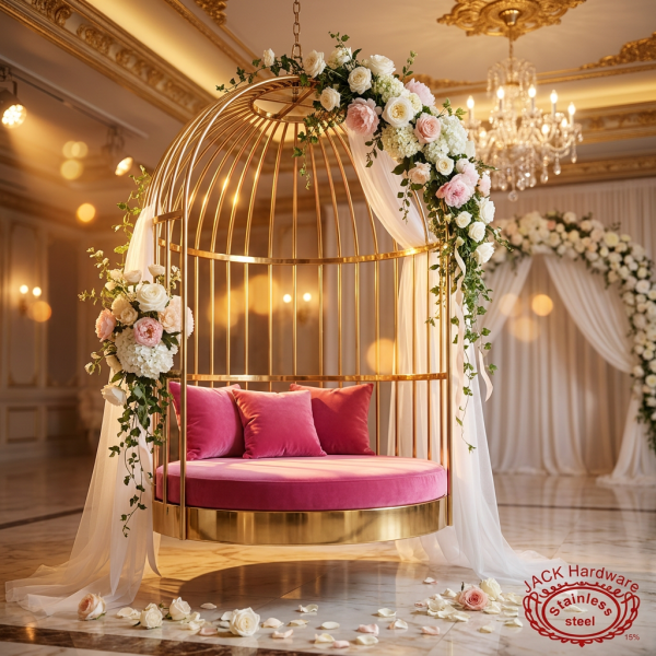 Gold birdcage swing at wedding venue 45 degree white florals draping romantic warm golden light