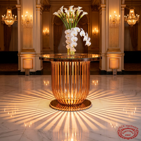 Rose gold cage pedestal side view grand ballroom fan shadow lines uplighting marble reflections