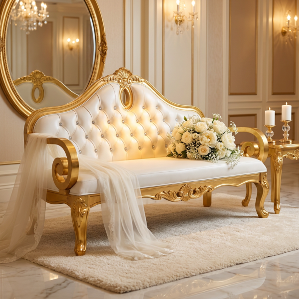 White gold Baroque loveseat hotel bridal suite 45 degree diamond tufting scrollwork armrest