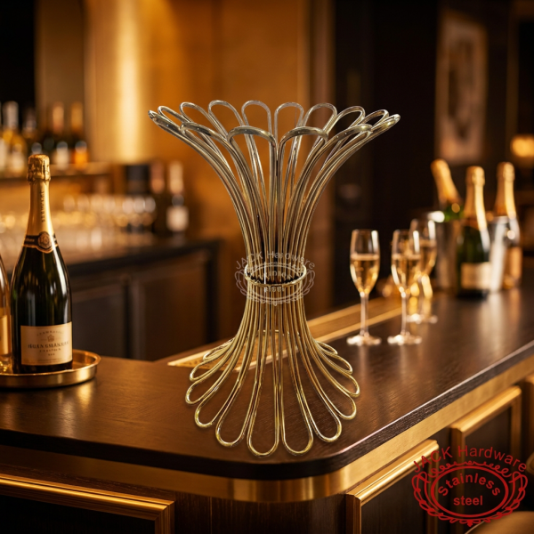 Gold wheat sheaf pedestal at hotel champagne bar VIP area warm gold ambient lighting