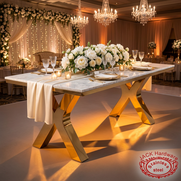 Gold A-shaped flare leg dining table at hotel wedding reception amber lighting ivory silk runner