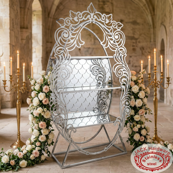 Silver fish-scale crown display rack at luxury chateau wedding floral garlands candelabras