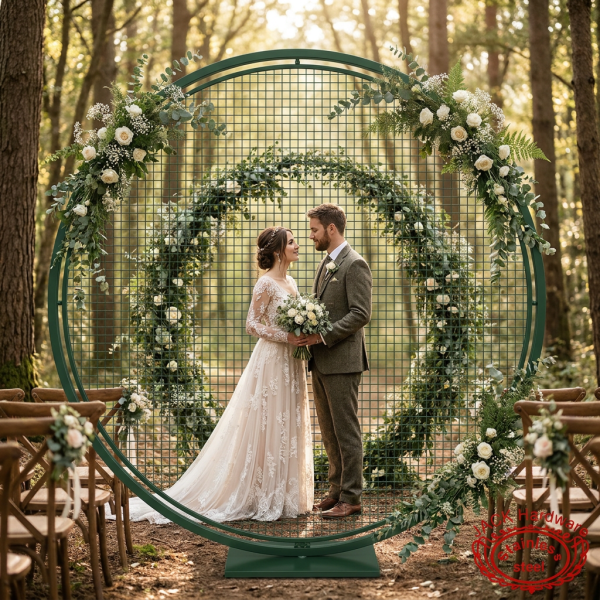 Dark green circle mesh arch at rustic forest wedding eucalyptus white roses ferns botanical
