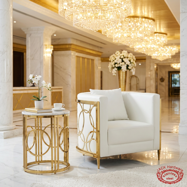 White gold circular ring frame sofa set at luxury hotel lobby lounge chandeliers marble